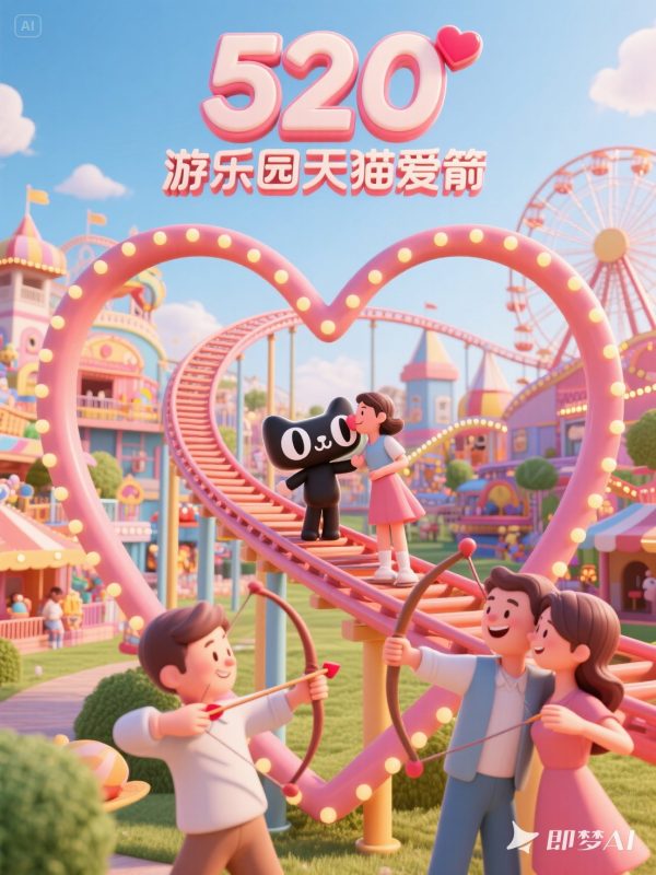 彩色可爱卡通天猫520爱心情侣电商打折促销活动海报-即梦ai关键词描述咒语-Ai宇宙吧-