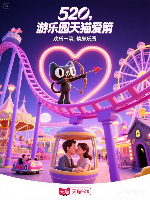 彩色可爱卡通天猫520爱心情侣游乐场场景电商打折促销活动海报-即梦ai关键词描述咒语-Ai宇宙吧-