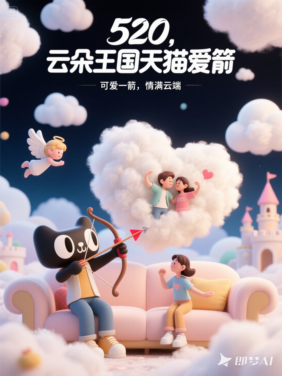 Midjourney - 3D立体可爱卡通天猫520爱心情侣电商打折促销活动海报-即梦ai关键词描述咒语 即梦Ai-Ai宇宙吧-