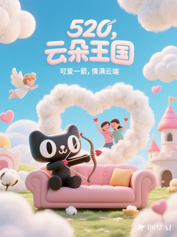 3D立体可爱卡通天猫520爱心情侣电商打折促销活动海报-即梦ai关键词描述咒语-Ai宇宙吧-
