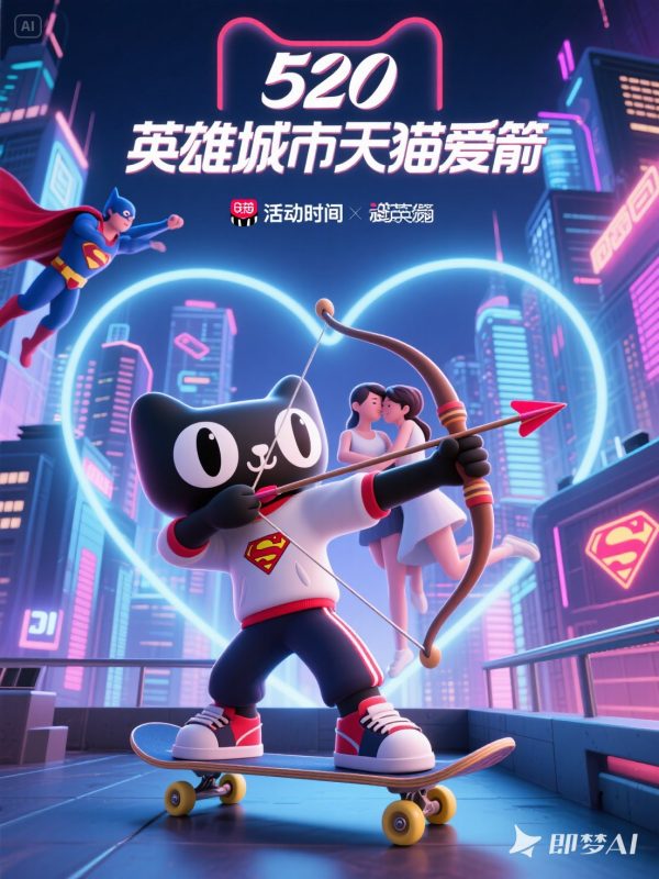 3D立体可爱卡通天猫520爱心情侣电商打折促销活动海报-即梦ai关键词描述咒语-Ai宇宙吧-