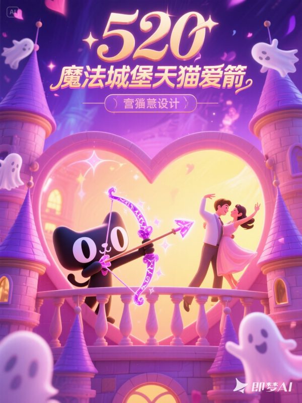 3D立体可爱卡通天猫520爱心情侣电商打折促销活动海报-即梦ai关键词描述咒语-Ai宇宙吧-