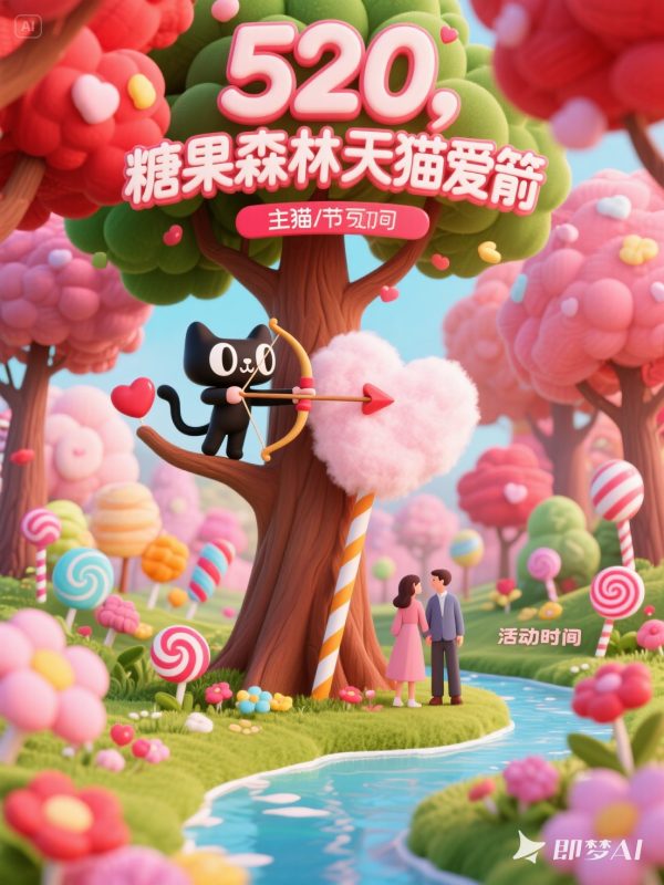 3D立体可爱卡通天猫520爱心情侣电商打折促销活动海报-即梦ai关键词描述咒语-Ai宇宙吧-
