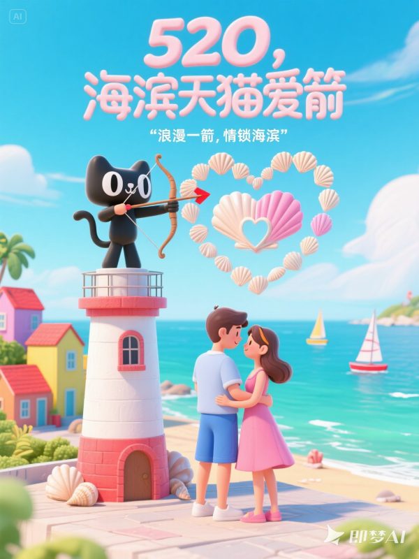 3D立体可爱卡通天猫520爱心情侣电商打折促销活动海报-即梦ai关键词描述咒语-Ai宇宙吧-