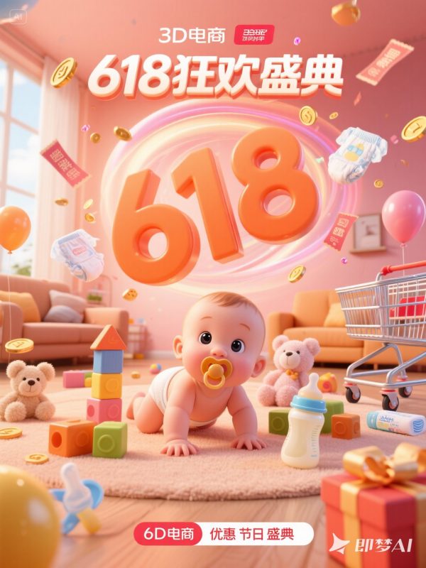 婴儿宝宝母婴用品618狂欢双十一电商促销活动海报-即梦ai关键词描述咒语-Ai宇宙吧-