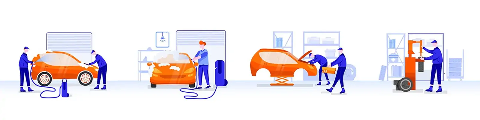 手绘卡通人物汽车维修场景插图ai矢量设计素材模版llustrations