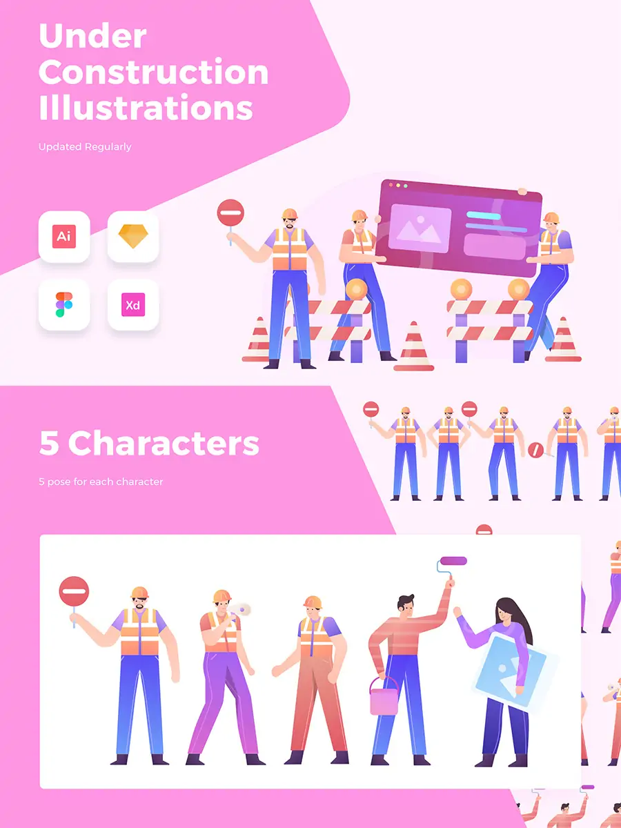 Midjourney - 手绘卡通人物建筑工人场景插图ai矢量设计素材模版llustrations Illustrations矢量-Ai宇宙吧-