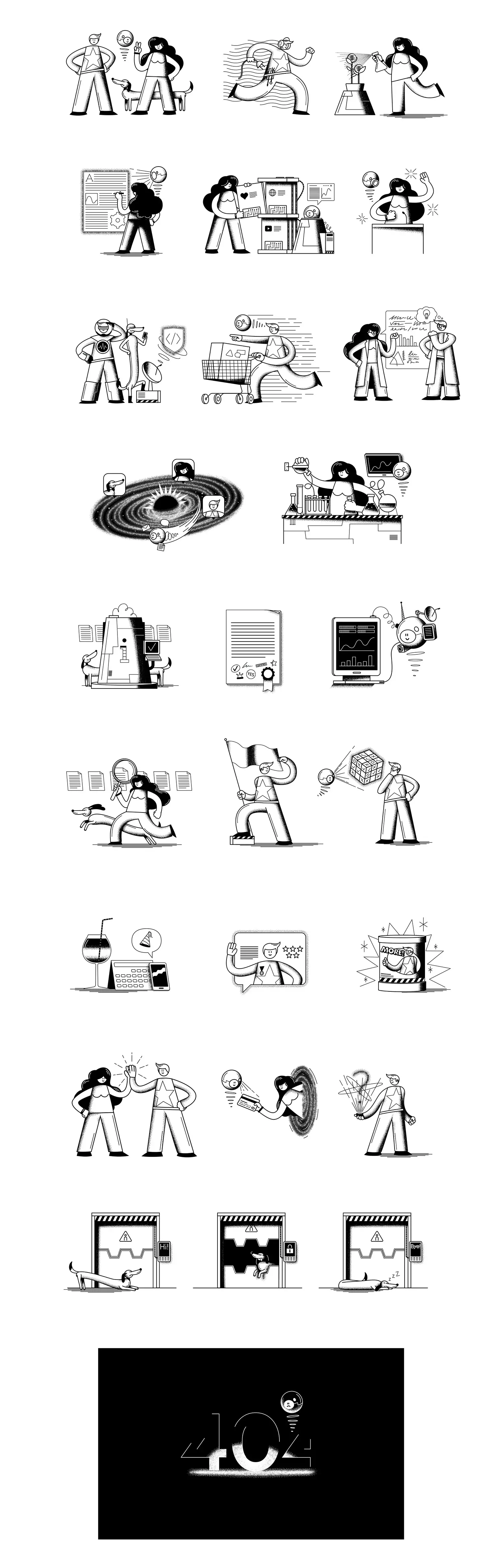 手绘黑白颗粒阴影卡通人物png插图海报ai矢量设计素材模版Illustrations