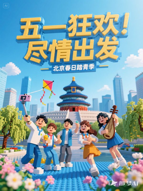 五一春天旅游景点天坛拍照乐高积木城市景观立体模型海报-即梦ai关键词描述咒语-Ai宇宙吧-