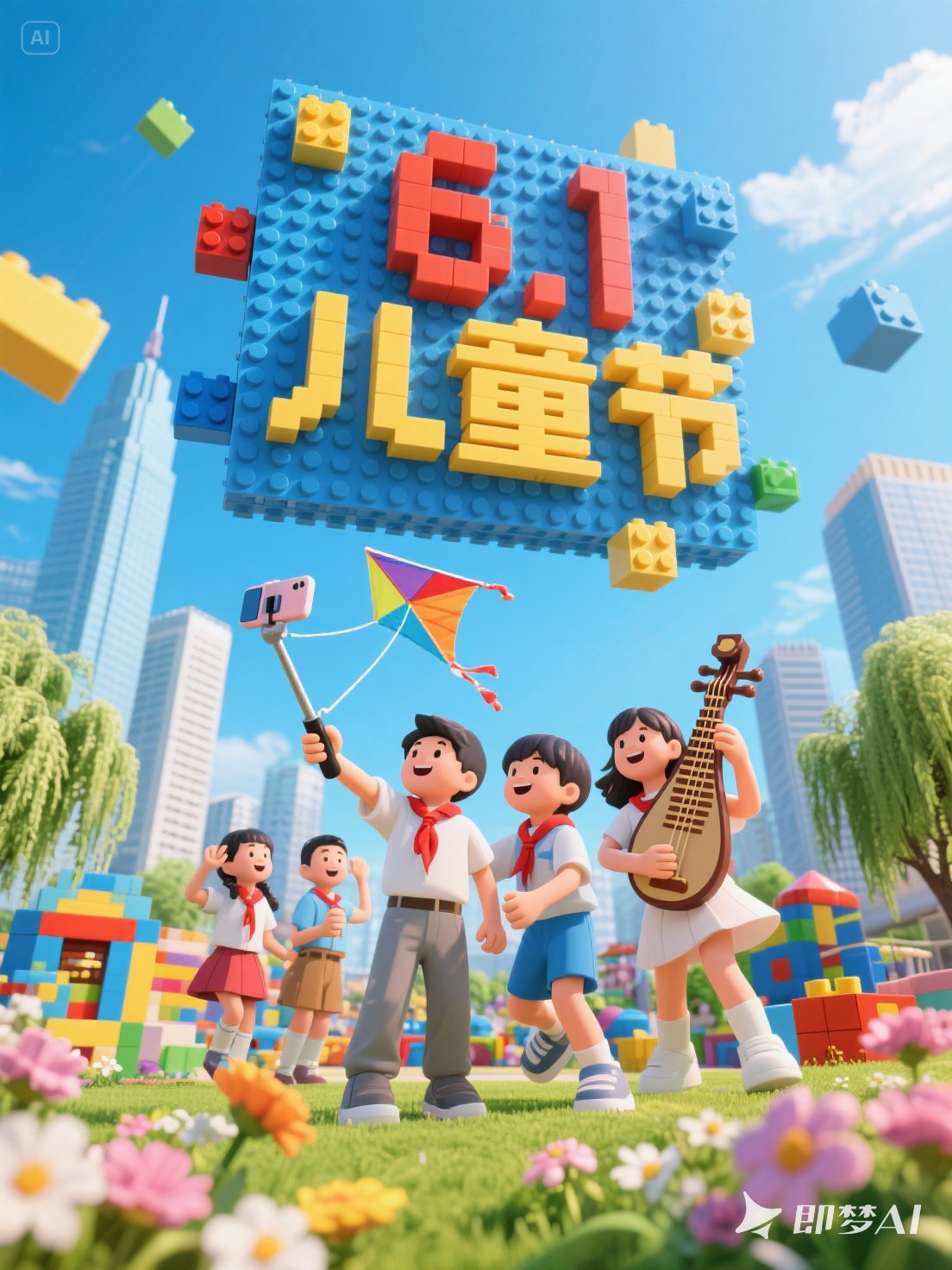 Midjourney - 可爱卡通六一儿童节拍照乐高积木城市景观立体模型海报-即梦ai关键词描述咒语 即梦Ai-Ai宇宙吧-