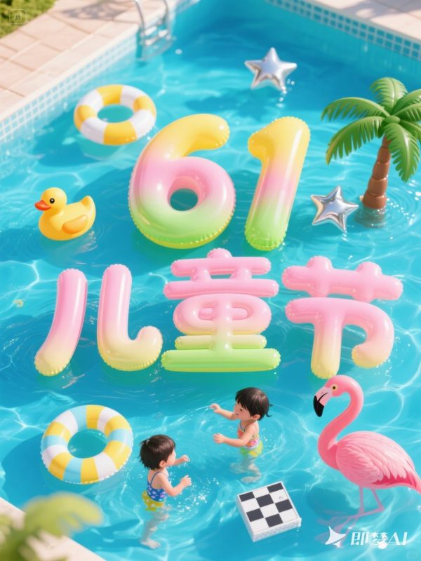 创意彩色可爱卡通六一儿童节气球泳池场景庆祝活动海报-即梦ai关键词描述咒语-Ai宇宙吧-