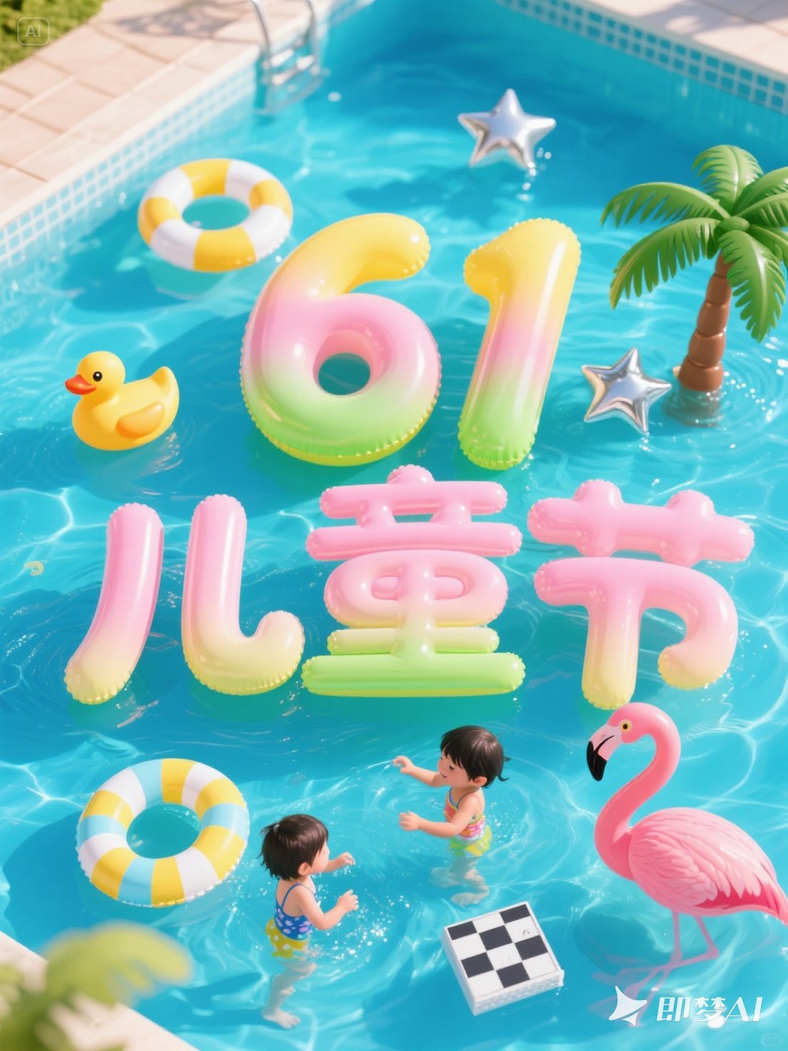 Midjourney - 创意彩色可爱卡通六一儿童节气球泳池场景庆祝活动海报-即梦ai关键词描述咒语 即梦Ai-Ai宇宙吧-