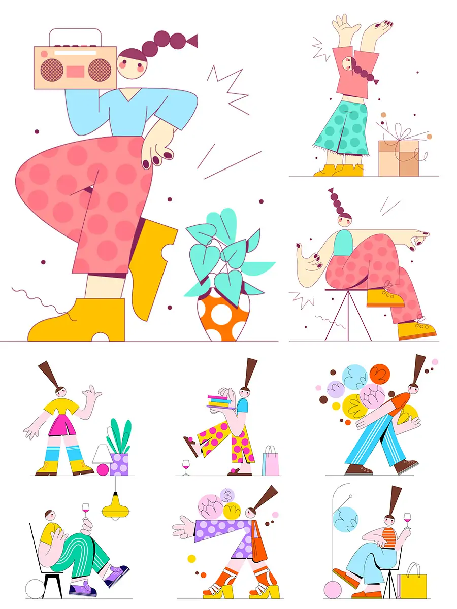 手绘时尚潮流夸张趣味卡通人物插图海报ai矢量设计素材模版illustrations-Ai宇宙吧-