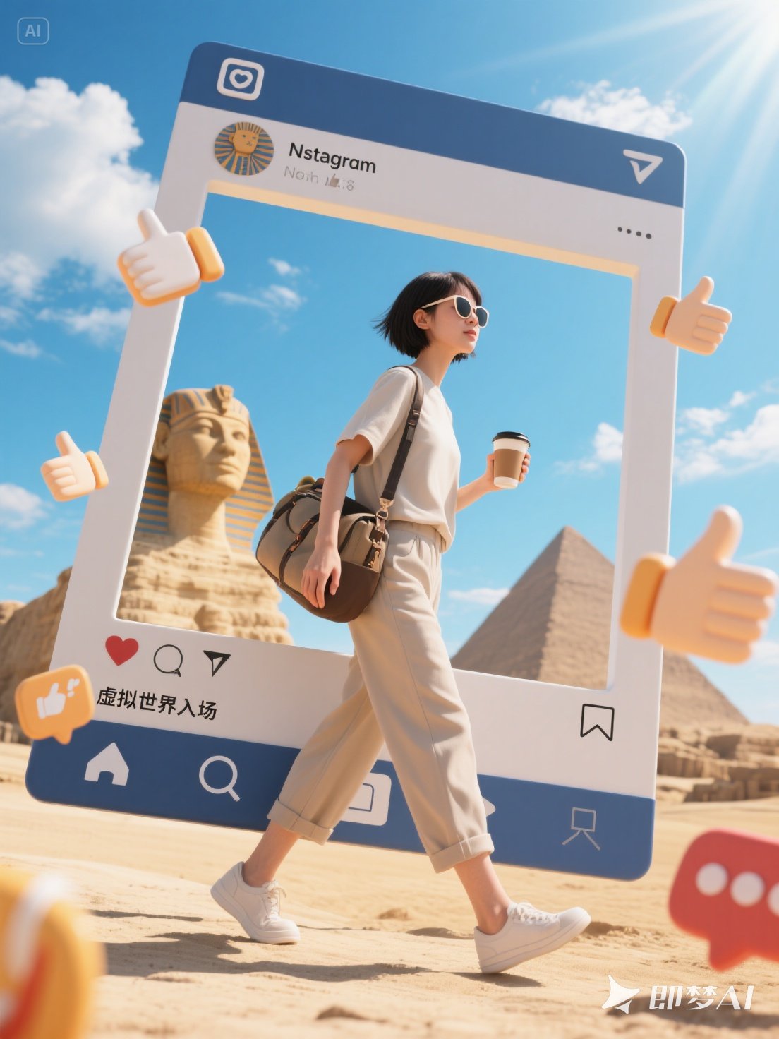 Midjourney - 3D立体可爱卡通人物埃及金字塔旅行拍照打卡场景插图海报-即梦ai关键词描述咒语 即梦Ai-Ai宇宙吧-