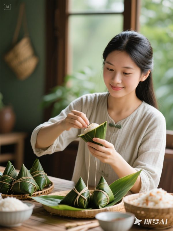 端午节女孩美女包粽子场景摄影海报-即梦ai关键词描述咒语-Ai宇宙吧-