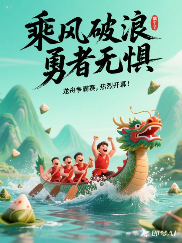 3D立体可爱卡通端午节赛龙舟场景插图海报-即梦ai关键词描述咒语-Ai宇宙吧-