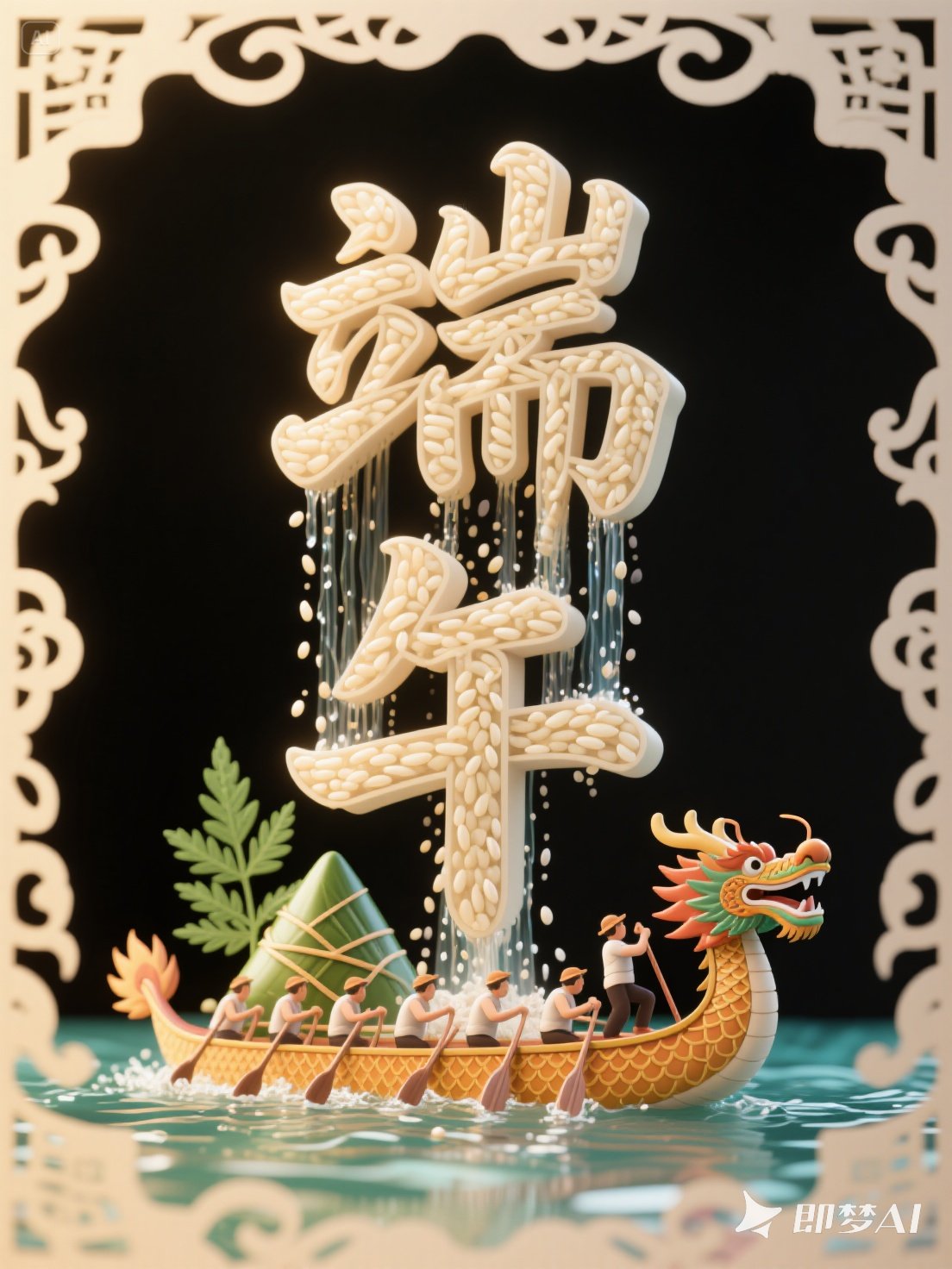 Midjourney - 创意3D立体端午节赛龙舟海报字体设计素材-即梦ai关键词描述咒语 即梦Ai-Ai宇宙吧-