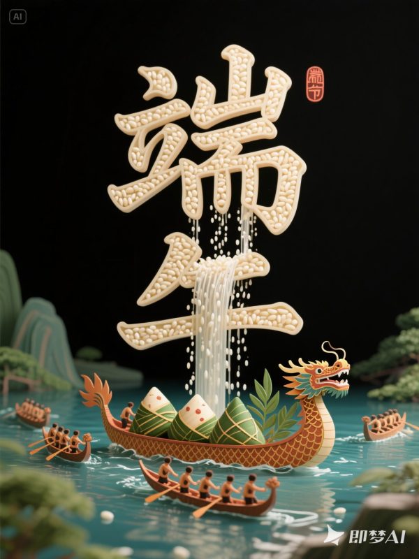 创意3D立体端午节赛龙舟海报字体设计素材-即梦ai关键词描述咒语-Ai宇宙吧-