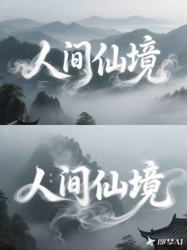 中国风自然山水白色烟雾人间仙境旅游宣传艺术字海报字体设计素材-即梦ai关键词描述咒语-Ai宇宙吧-