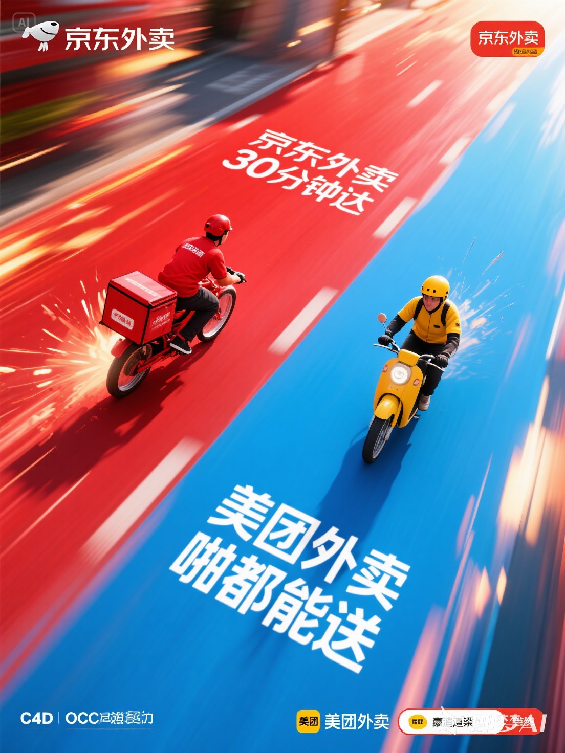 Midjourney - 创意美团外卖京东外卖骑手红蓝对抗外卖大战速度竞技海报-即梦ai关键词描述咒语 即梦Ai-Ai宇宙吧-
