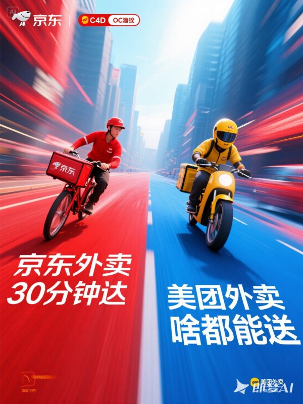 创意美团外卖京东外卖骑手红蓝对抗外卖大战速度竞技海报-即梦ai关键词描述咒语-Ai宇宙吧-