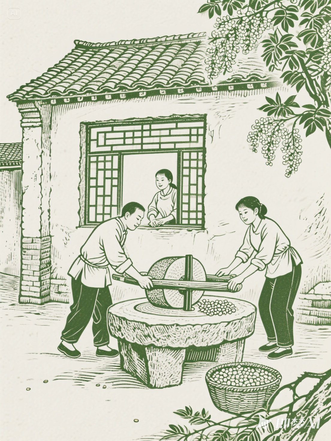 Midjourney - 复古手绘古朴院子石墨豆腐场景线条插图海报-即梦ai关键词描述咒语 即梦Ai-Ai宇宙吧-