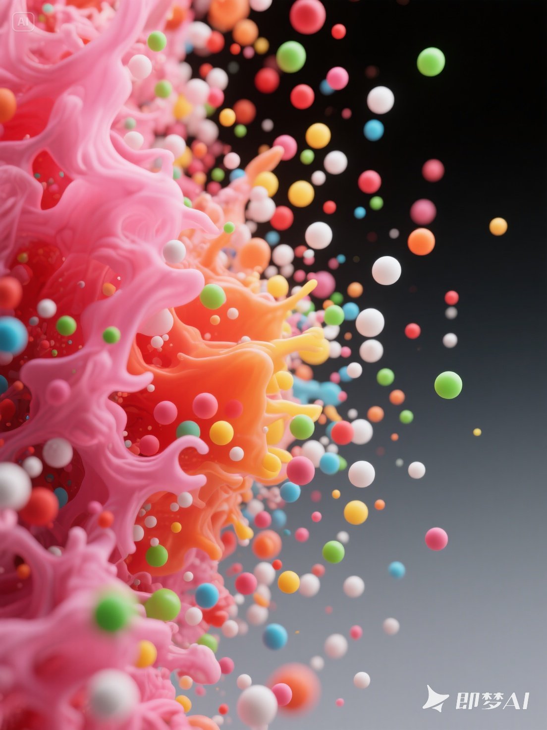 Midjourney - 创意彩色抽象动态粒子气泡数字艺术科技立体海报背景-即梦ai关键词描述咒语 即梦Ai-Ai宇宙吧-