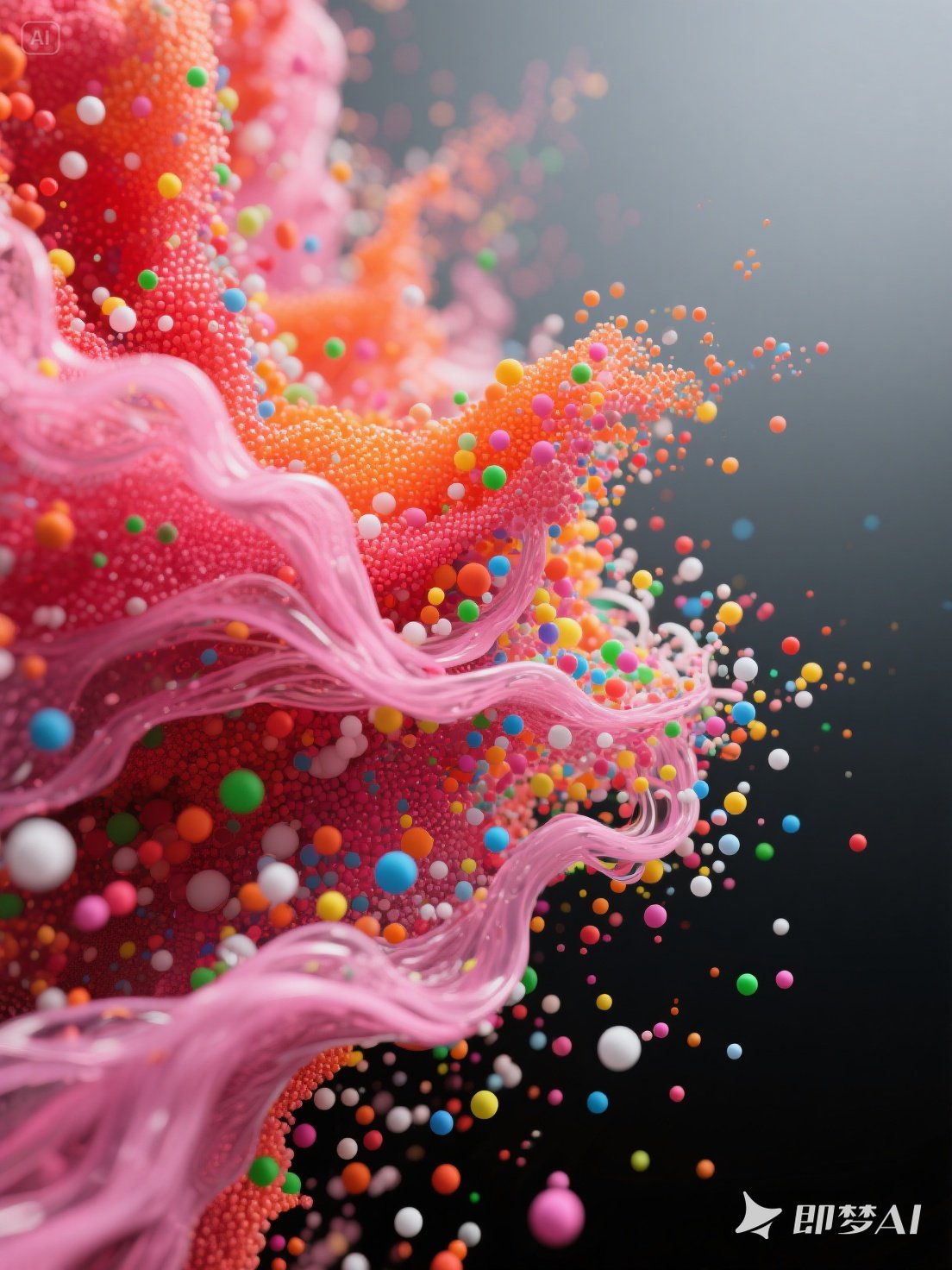 Midjourney - 创意彩色抽象动态粒子气泡数字艺术科技立体海报背景-即梦ai关键词描述咒语 即梦Ai-Ai宇宙吧-