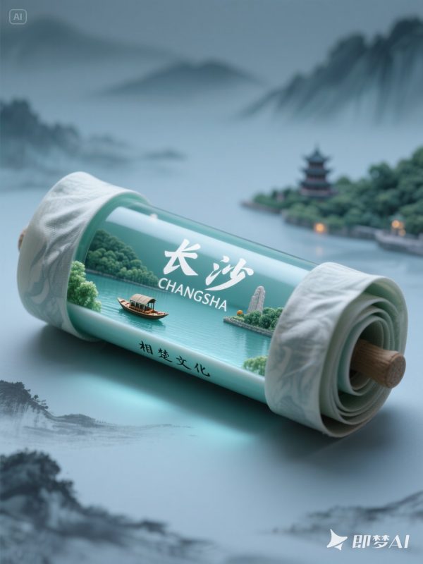 创意长沙自然风景江上泛舟丝绸卷轴微缩场景意境海报-即梦ai关键词描述咒语-Ai宇宙吧-