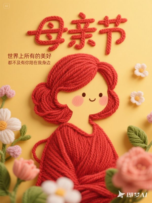 创意母亲节红色毛线妈妈轮廓温馨剪影艺术海报-即梦ai关键词描述咒语-Ai宇宙吧-