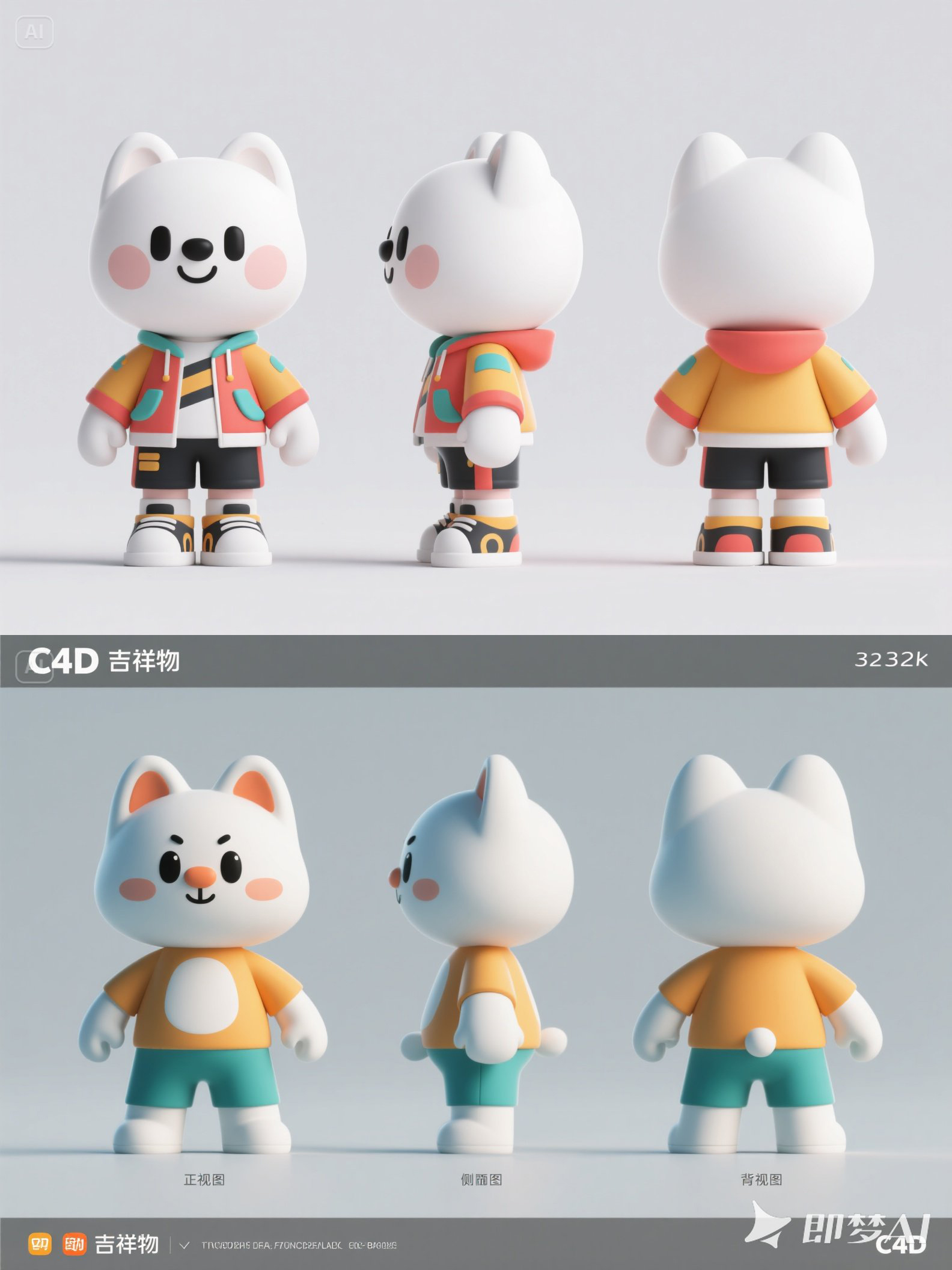 Midjourney - C4D风格可爱卡通三维立体动物吉祥物三视图插图海报-即梦ai关键词描述咒语 即梦Ai-Ai宇宙吧-