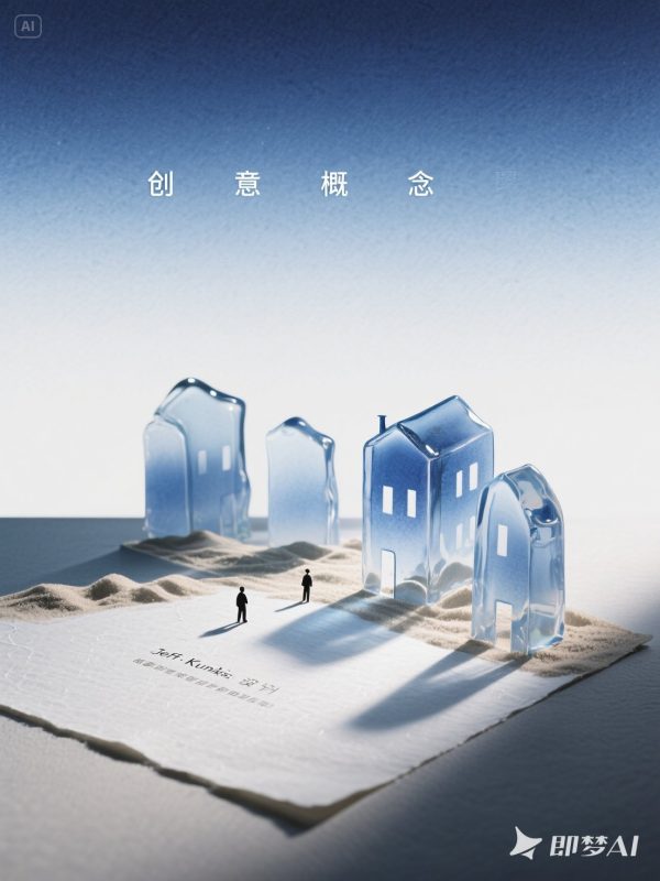 创意渐变半透明玻璃建筑微缩景观摄影海报-即梦ai关键词描述咒语-Ai宇宙吧-