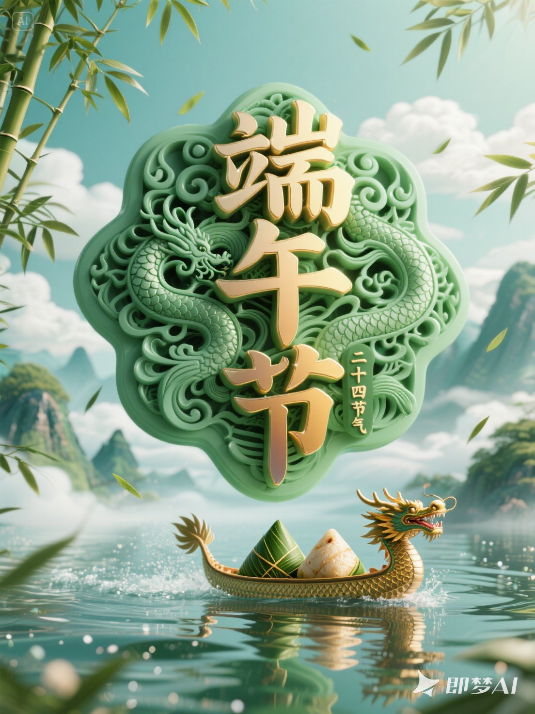 Midjourney - 创意立体浮雕端午节龙舟粽子元素海报字体设计素材-即梦ai关键词描述咒语 即梦Ai-Ai宇宙吧-