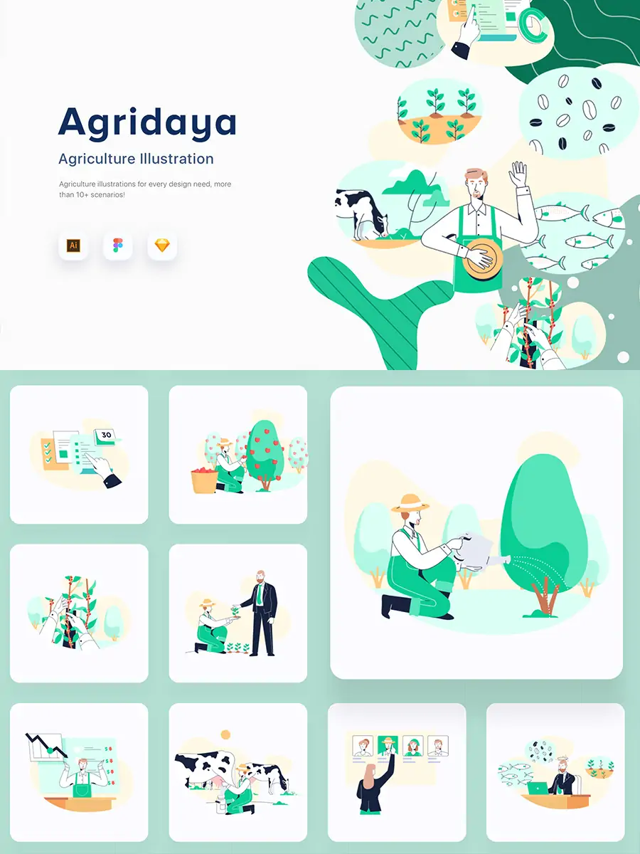 Midjourney - 手绘卡通人物农业农场农作物插图海报ai矢量设计素材模版illustrations Illustrations矢量-Ai宇宙吧-
