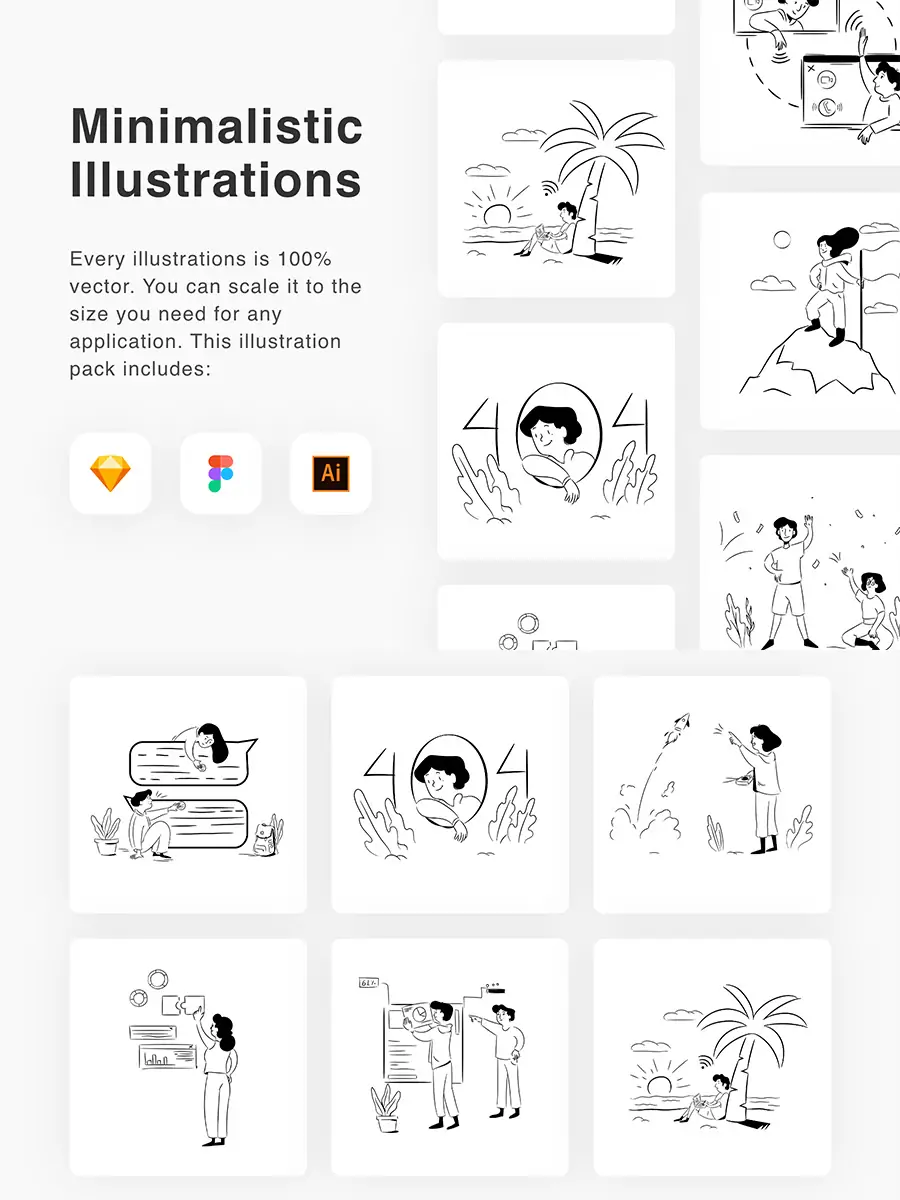 手绘商务简约黑白线条卡通人物线稿png插图ai矢量设计素材模版illustrations-Ai宇宙吧-