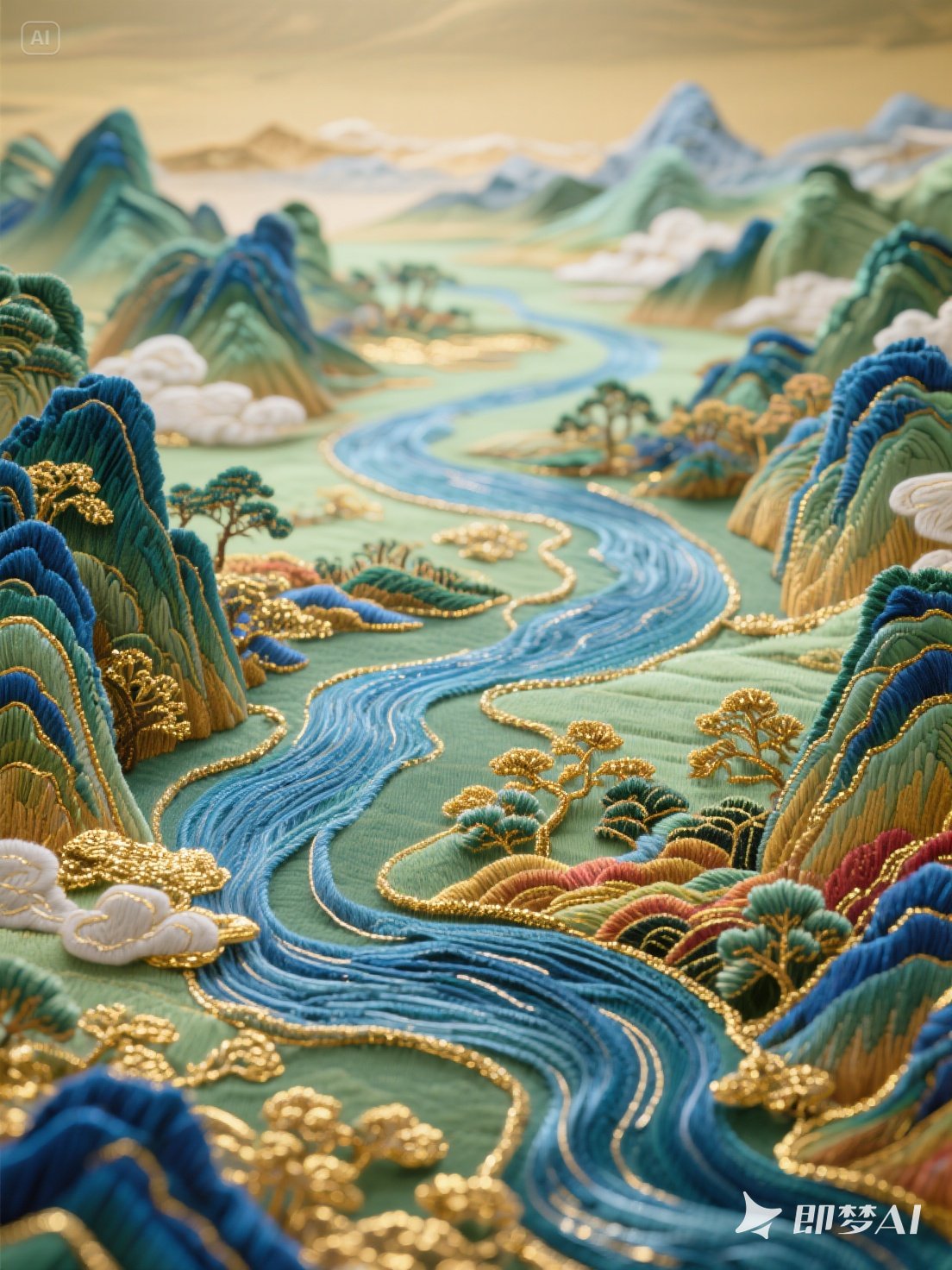 Midjourney - 中国风3D立体自然山水河流千里江山金线刺绣场景构图海报-即梦ai关键词描述咒语 即梦Ai-Ai宇宙吧-