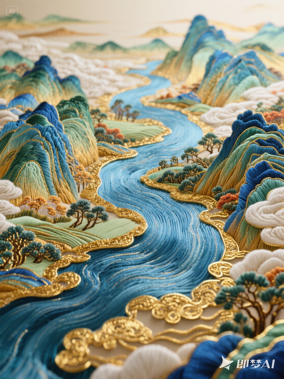 Midjourney - 中国风3D立体自然山水河流千里江山金线刺绣场景构图海报-即梦ai关键词描述咒语 即梦Ai-Ai宇宙吧-