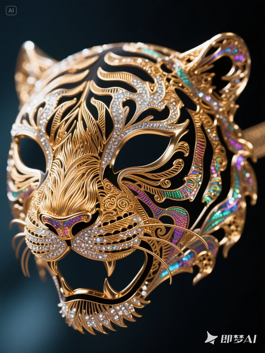 Midjourney - 精致逼真立体金属镂空动物老虎造型神秘舞会面具摄影海报-即梦ai关键词描述咒语 即梦Ai-Ai宇宙吧-