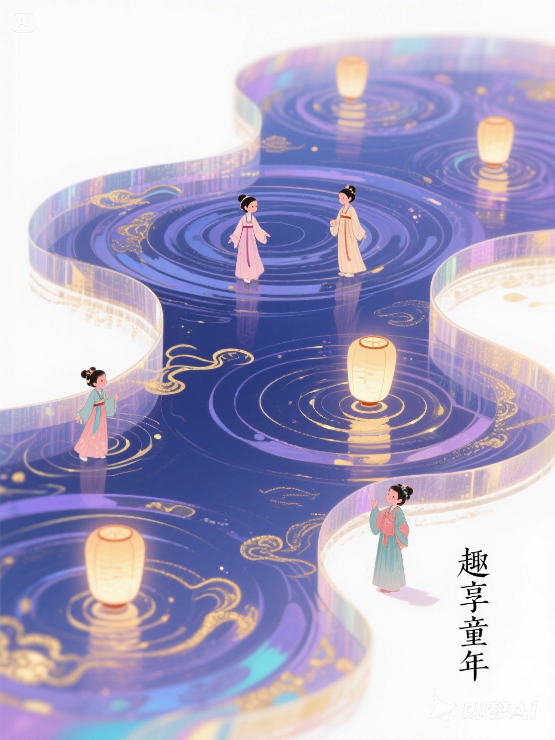 Midjourney - 手绘可爱卡通新中式美学汉服人物游园灯会梦幻场景插图海报-即梦ai关键词描述咒语 即梦Ai-Ai宇宙吧-