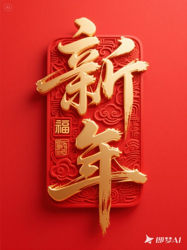 创意红色新年立体狂草书法艺术字海报字体设计素材-即梦ai关键词描述咒语-Ai宇宙吧-