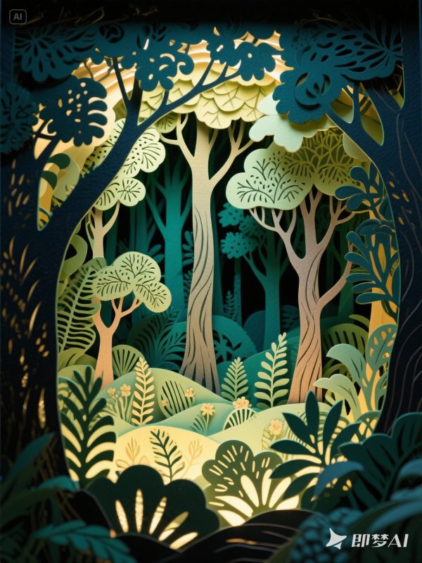 创意绿色原始森林立体纸雕作品海报-即梦ai关键词描述咒语-Ai宇宙吧-