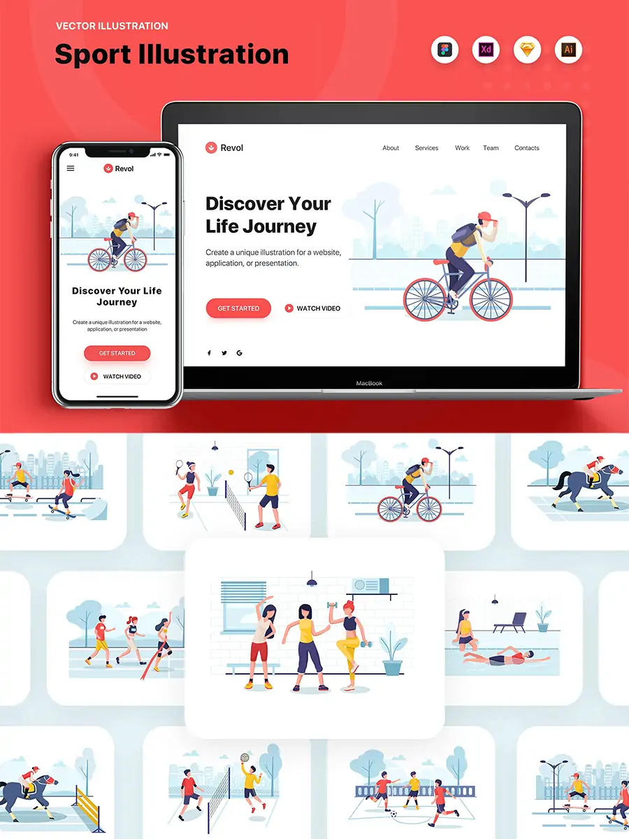 Midjourney - 手绘卡通人物运动健身场景插图海报ai矢量设计素材模版iIlustrations Illustrations矢量-Ai宇宙吧-