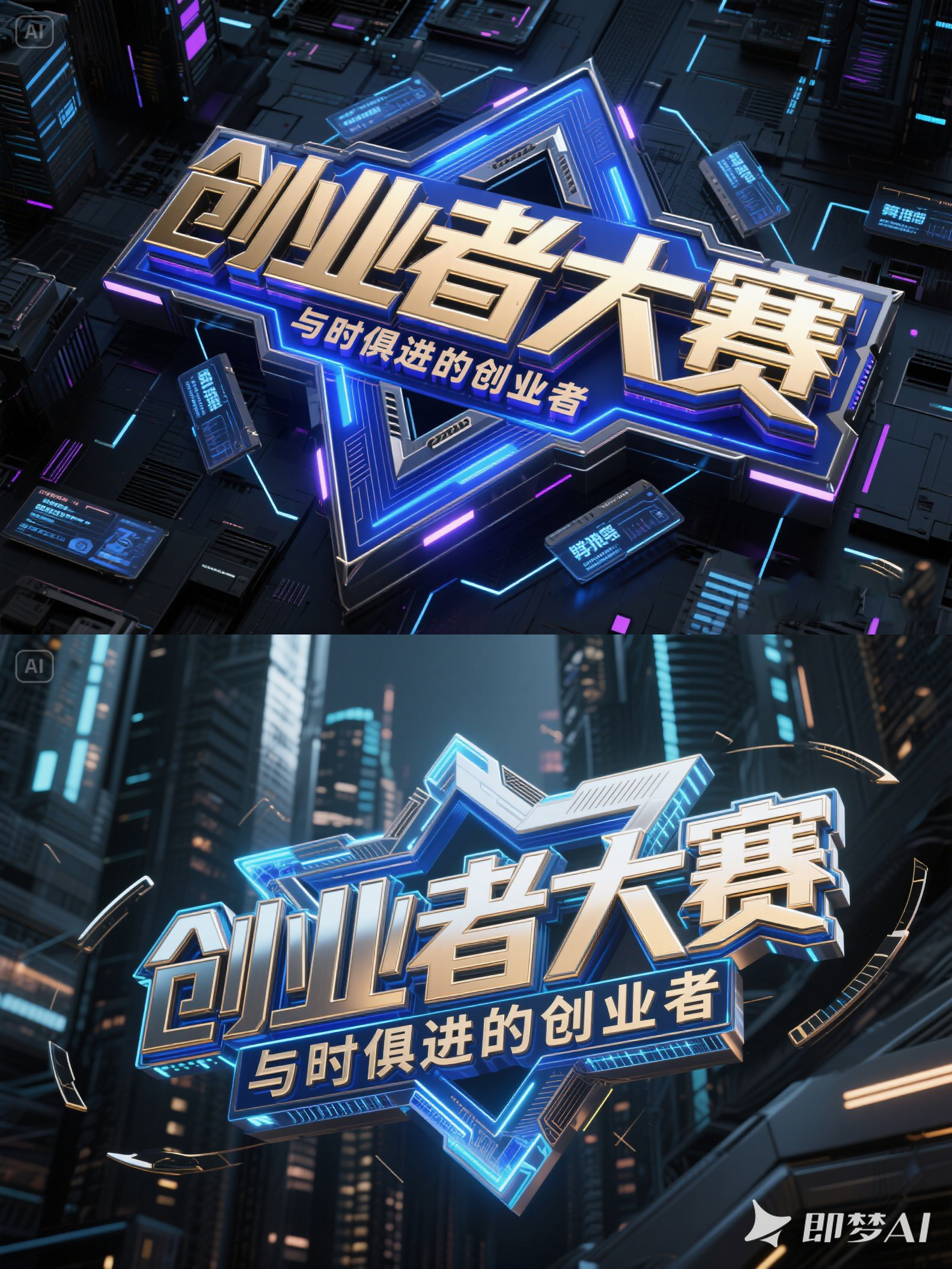 Midjourney - 未来科技感立体创业者大赛活动海报字体设计素材-即梦ai关键词描述咒语 即梦Ai-Ai宇宙吧-