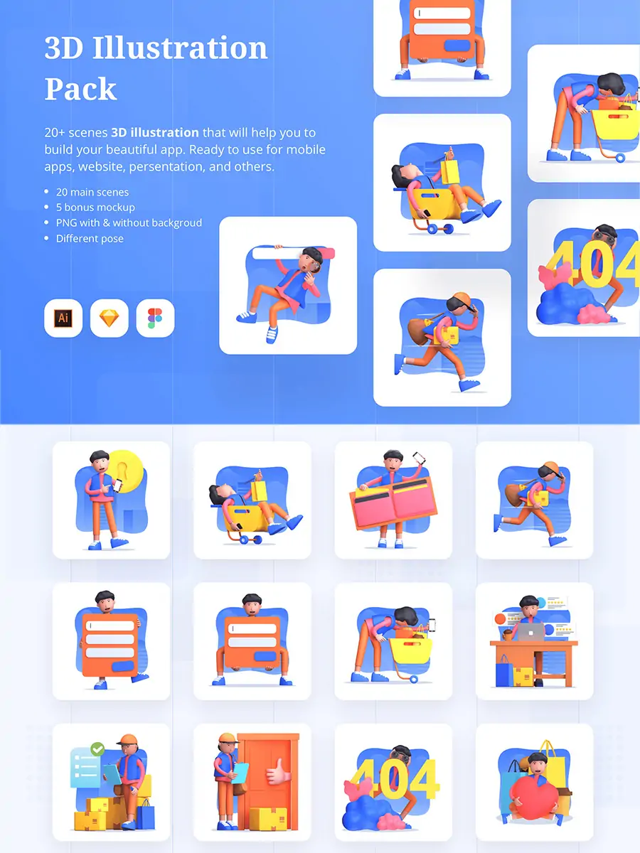 手绘3D立体可爱卡通人物姿势动作场景插图png免扣设计素材illustrations-Ai宇宙吧-