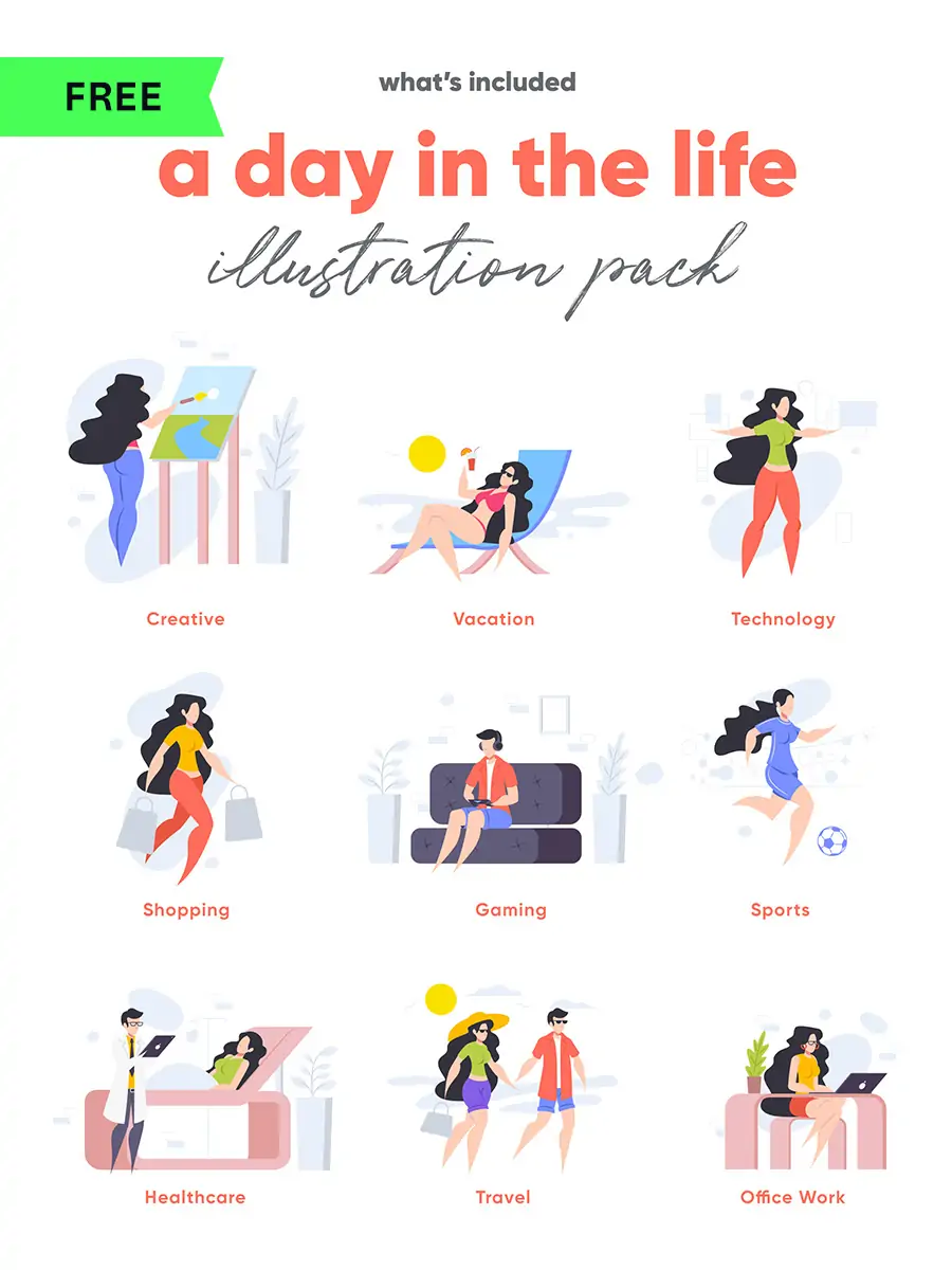 手绘卡通女孩人物工作生活运动购物插图ai矢量设计素材模版illustrations-Ai宇宙吧-