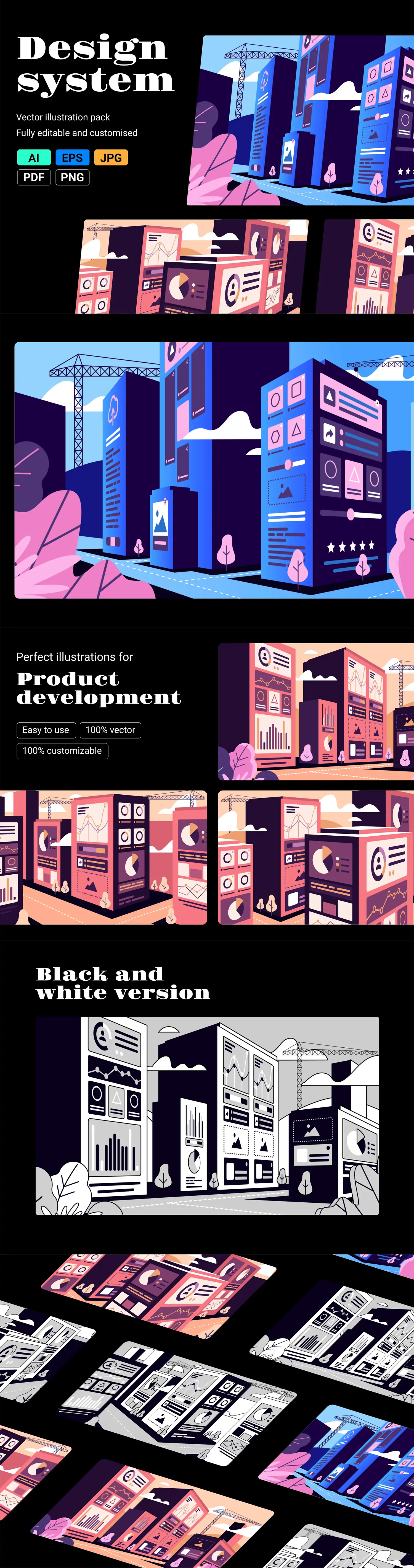 创意手绘商务系统城市建筑场景插图ai矢量设计素材模版illustrations