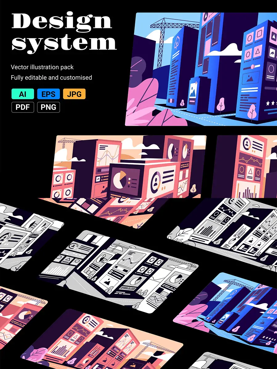 Midjourney - 创意手绘商务系统城市建筑场景插图ai矢量设计素材模版illustrations Illustrations矢量-Ai宇宙吧-