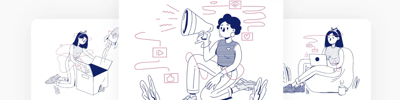 手绘可爱卡通线条人物工作生活场景插图海报ai矢量设计素材模版illustrations