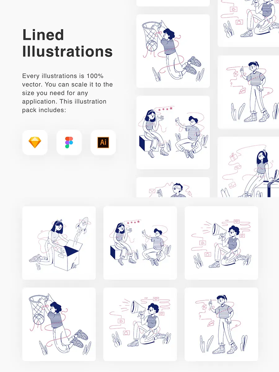 手绘可爱卡通线条人物工作生活场景插图海报ai矢量设计素材模版illustrations-Ai宇宙吧-