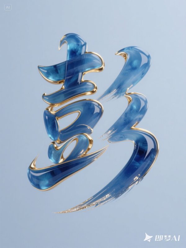 3D立体蓝色透明玻璃质感狂草书法烫金艺术字海报字体设计素材-即梦ai关键词描述咒语-Ai宇宙吧-